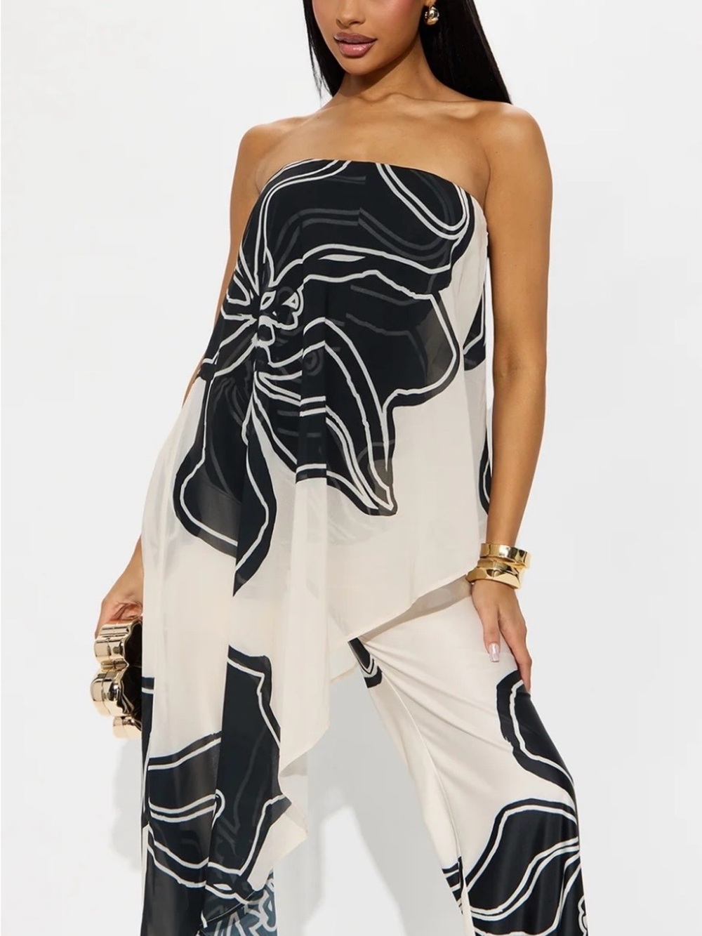 Fashion Nova Black & Cream Floral Draped Romper